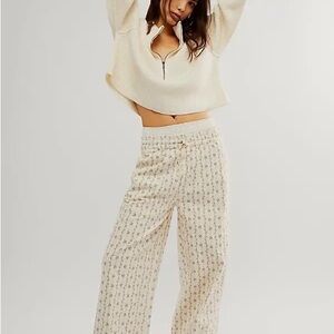 Floral Beige Wide-Leg Pants